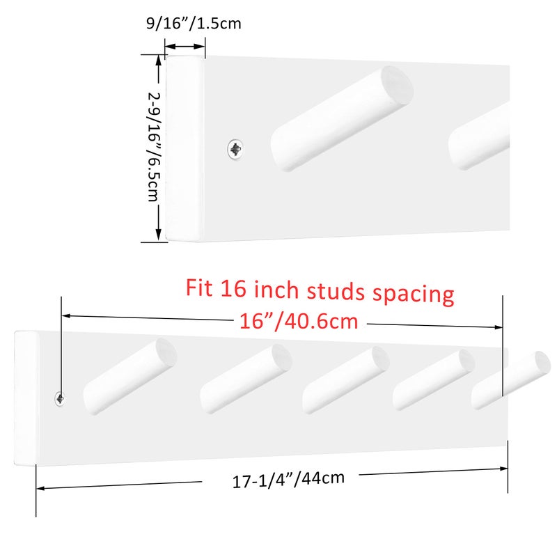 WEBI Coat Rack Wall Mounted,Coat Hanger Wall,16" Hole to Hole,Coat Hooks Wall Mount,Hook Rack Peg Rail,5 Hooks for Hanging Jacket,Hats,Clothes,White - Image 2